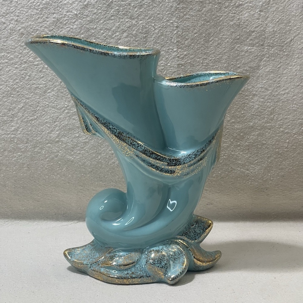 Vintage Hull Pottery Double Cornucopia Vase with Gold‎ Dust Trim Turquoise H-481